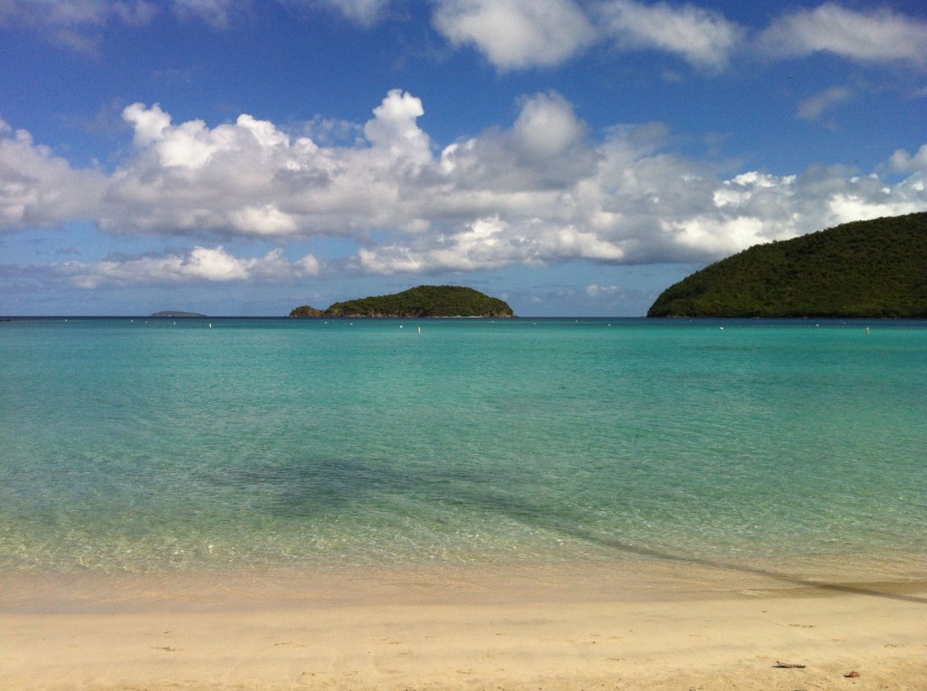 The sun casts a long shadow at Maho Bay on St. John, U.S. Virgin Islands.