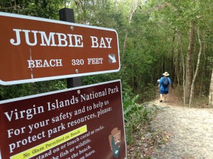 It's a short hike down to the water at secluded Jumbie Bay.