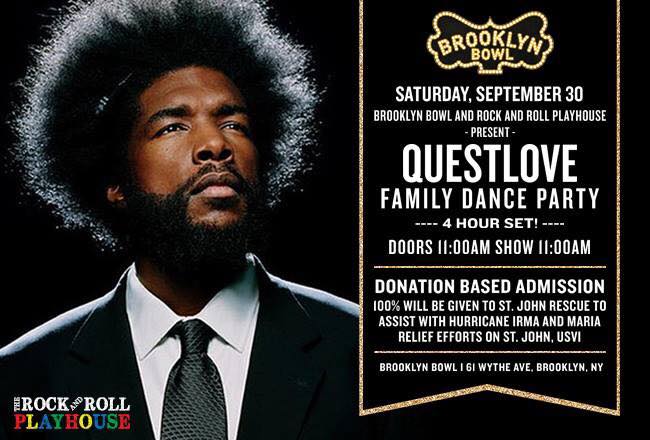 Questlove dance party fundraiser for St. John Rescue and Hurricane Irma relief at Brooklyn Bowl in NYC
