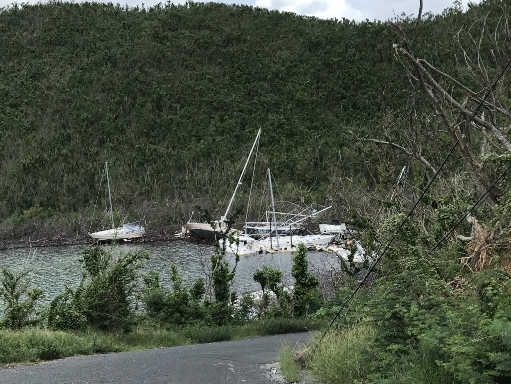 Ruined boats lie in a heap in Hurricane Hole., 11 weeks after Hurricanes Irma and Maria destroyed St. John, USVI.