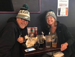 Margie Smith and Steve Holt at Eagles Super Bowl parade party in Hell's Kitchen, NYC